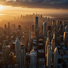 An aerial drone shot of a bustling city skyline at sunrise. The golden rays of the morning sun reflect off the skyscrapers, casting long shadows on the quiet streets below