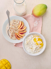 Overnight oats with various toppings. Fitness healthy organic breakfast in a bowl