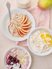 Overnight oats with various toppings. Fitness healthy organic breakfast in a bowl