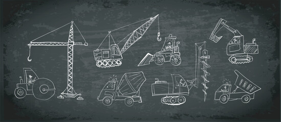 Vector doodle sketch of various construction vehicles, including cranes, excavators, trucks, and loaders, in hand-drawn style on blackboard background