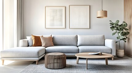 Peaceful and Serene Scandinavian Style Living Space with Substantial Linen Sofa Mid Century Wood Accents and Abundant Natural Light