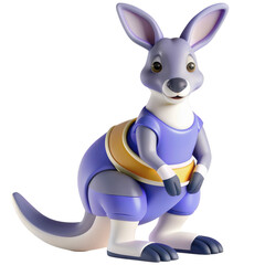 This is a 3D rendered model of a cartoon kangaroo icon. Dressed in blue and with a cute expression on his face, he captures the fun aspect of the image.