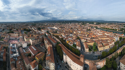 Obraz premium Italy, September 22, 2024: Panoramic aerial view of the city of Verona in Veneto. Also called the city of love with its arena and the Adige river