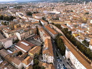 Fototapeta premium Italy, September 22, 2024: Panoramic aerial view of the city of Verona in Veneto. Also called the city of love with its arena and the Adige river