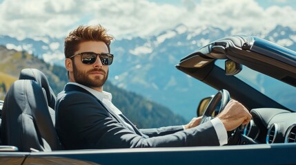 Fototapeta premium Young successful handsome businessman driving luxury convertible car in the mountains