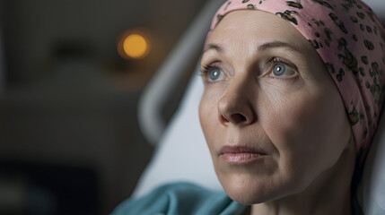 close-up portrait of a female cancer patient wearing a headscarf in a hospital setting, depicting resilience and hope, thoughtful gaze of a woman battling cancer, intimate view of a patient undergoing