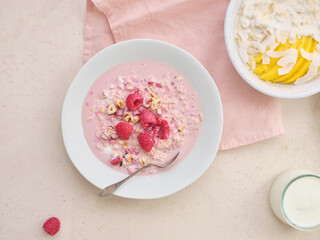 Overnight oats with various toppings. Fitness healthy organic breakfast in a bowl