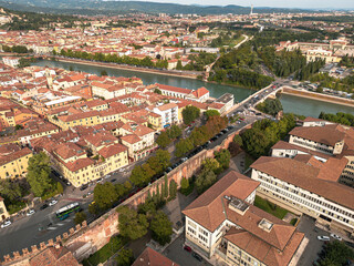 Italy, September 22, 2024: Panoramic aerial view of the city of Verona in Veneto. Also called the city of love with its arena and the Adige river