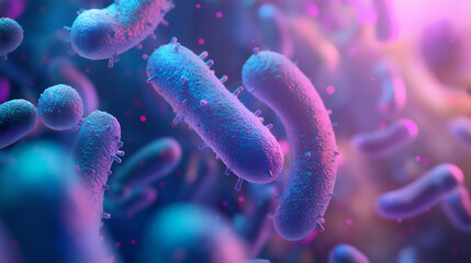 highly detailed close-up of blue and purple bacteria in a microscopic view, vivid scientific illustration of bacterial cells, microbiology concept image with high magnification, realistic depiction of