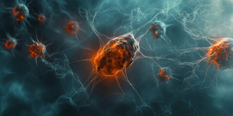 highly detailed image of a cancer cell dividing and spreading, close-up view of cancer cells in a microscopic environment, illustration of malignant cell division, cancerous cell structure with intric
