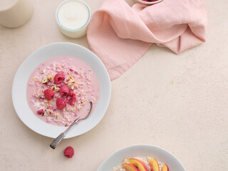Overnight oats with various toppings. Fitness healthy organic breakfast in a bowl