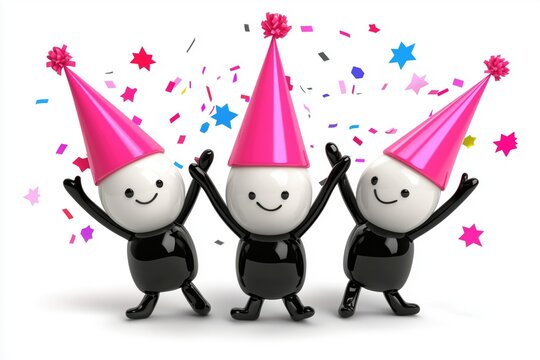 Three cheerful 3D figures celebrating with party hats and confetti on a white background.