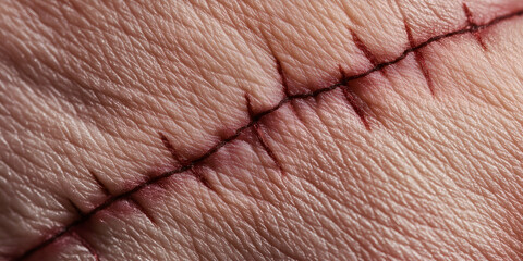 Fototapeta premium Macro Close-Up of Surgical Scar with Stitches, Detailed View of Sutured Wound on Healing Skin, High-Resolution Image of Post-Surgery Stitches, Medical Photography of Scar Tissue with Sutures, Close-Up