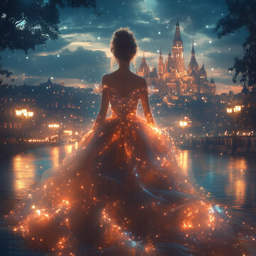 Woman in enchanting glow gazing at magical illuminated castle against starry night sky