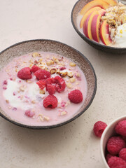 Overnight oats with various toppings. Fitness healthy organic breakfast in a bowl
