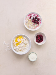 Overnight oats with various toppings. Fitness healthy organic breakfast in a bowl
