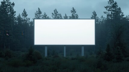 Fototapeta premium A blank billboard stands amid a misty forest, surrounded by tall trees, creating a serene but isolated atmosphere.