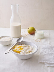 Overnight oats with mango and coconut topping. Fitness healthy breakfast in a bowl
