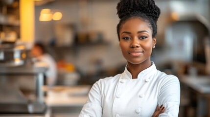 Fototapeta premium A confident female chef stands proud in a lively restaurant kitchen, showcasing her skills