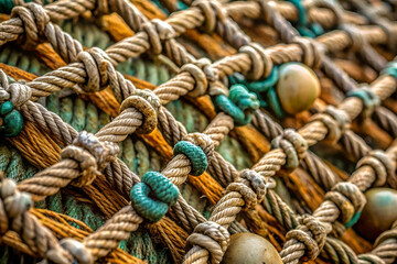 A net with many knots and beads on it. The beads are green and brown. The net is made of rope