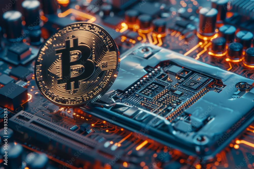 Aufkleber a computer chip with a coin on top of it