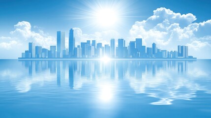 Fototapeta premium A vibrant cityscape features modern skyscrapers and sparkling water reflections beneath sunlight
