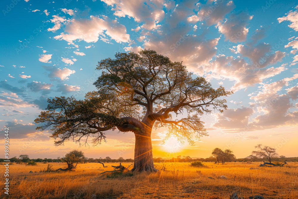Poster a large tree stands in a field with a beautiful sunset in the background