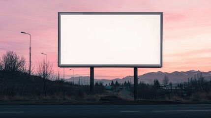 Obraz premium A blank billboard stands against a colorful sunset, surrounded by trees and mountains, inviting creativity and potential advertising.