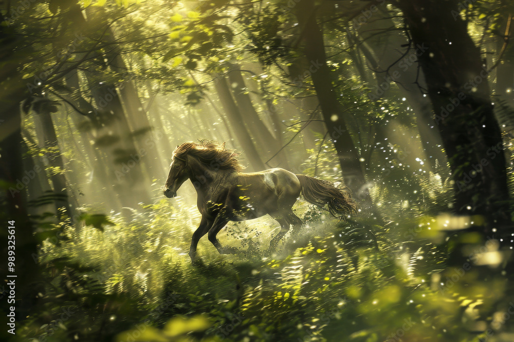 Poster a horse is running through a forest with sunlight shining through the trees