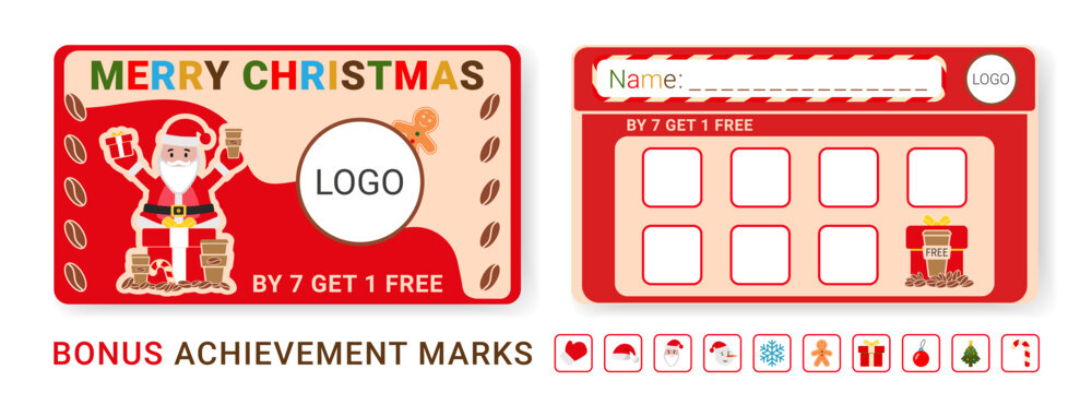 Christmas or New Year coffee loyalty card for client with space logo. Holiday Xmas cafe coupon visitor. Celebration promotion seven cup of drink get one free. Vector illustration