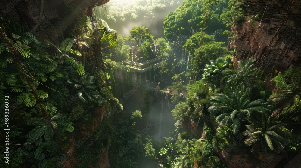 Wall mural lush rainforest canyon with ancient ruins