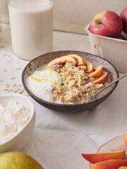 Overnight oats with various toppings. Fitness healthy organic breakfast in a bowl