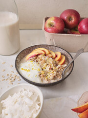Overnight oats with various toppings. Fitness healthy organic breakfast in a bowl
