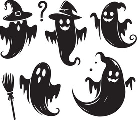 Halloween scary ghosts silhouette collection vector illustration isolated on a white background