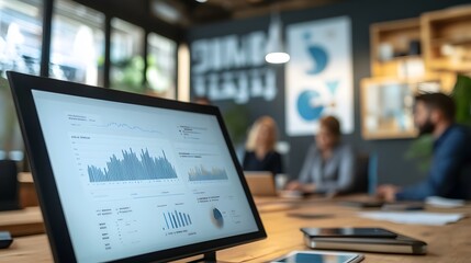 Business Meeting with Data Analysis on Screen