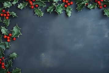 Fototapeta premium Christmas Holly Garland Border on Blue Background