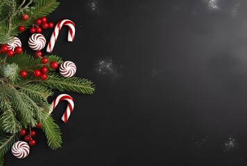 Christmas Candy Cane and Pine Branch Flat Lay