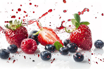 A close up of a bunch of strawberries and blueberries with a splash of red juice