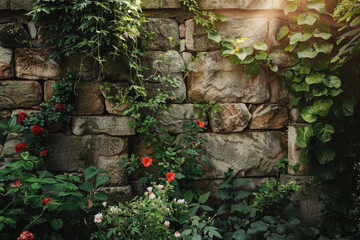 A wall covered in green vines and flowers