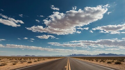 A long, open road extending through a dry landscape beneath a bright blue sky, perfect for travel and adventure themes.