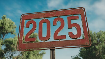 Obraz premium 2025 is written in red against a blue sky. Goals for transformation and advancement for the New Year, business growth and success strategy, future challenge vision, start or starting, startup, calenda