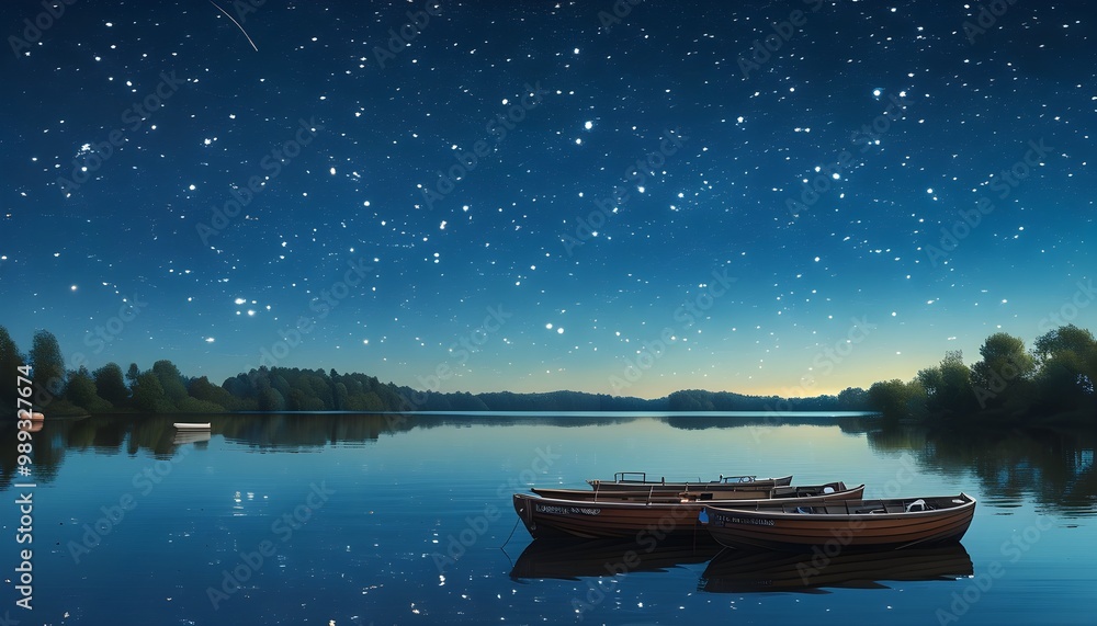 Wall mural Serene night on a tranquil lake with boats gliding beneath a starry sky