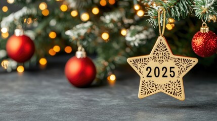 Golden star ornament marked 2025 hanging on a beautifully decorated Christmas tree filled with vibrant lights and festive red baubles