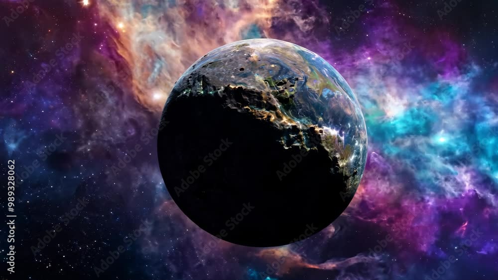 Poster a planet with a large black spot on it is surrounded by a colorful cloud of gas. the planet is the c
