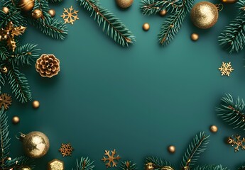 Green Christmas Background with Gold Decorations