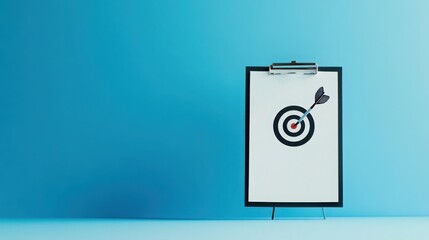 A black and white bullseye with a red center is drawn on a clipboard. An arrow is in the center of the target. The clipboard sits on a stand with a light blue background.