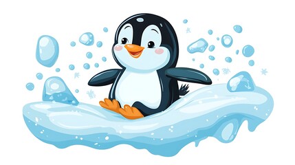 Obraz premium Playful Penguin Adventure - Fun Vector Clip Art for Kids with Cute Sliding Animal on Ice Slope, Flat Design Cutout Sticker