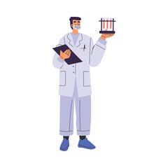 Male Doctor Character in Mask as Professional Hospital Worker Standing with Blood Tube and Clipboard Vector Illustration