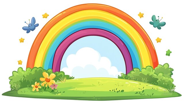 colorful rainbow butterflies stars green field clip art preview