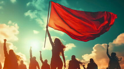 A woman stands tall, gripping the red flag of revolution, embodying the fierce spirit of feminism. Her unwavering gaze speaks of courage and defiance, as she leads the charge for equality and justice.